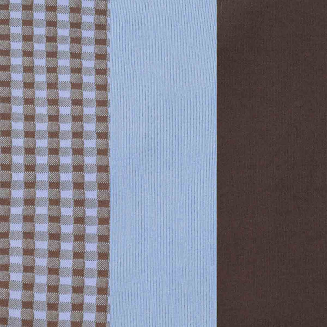 Three fabric swatches: a brown and white gingham check pattern on the left, a light blue ribbed knit in the middle, and a solid dark brown on the right