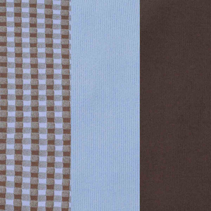 Three fabric swatches: a brown and white gingham check pattern on the left, a light blue ribbed knit in the middle, and a solid dark brown on the right