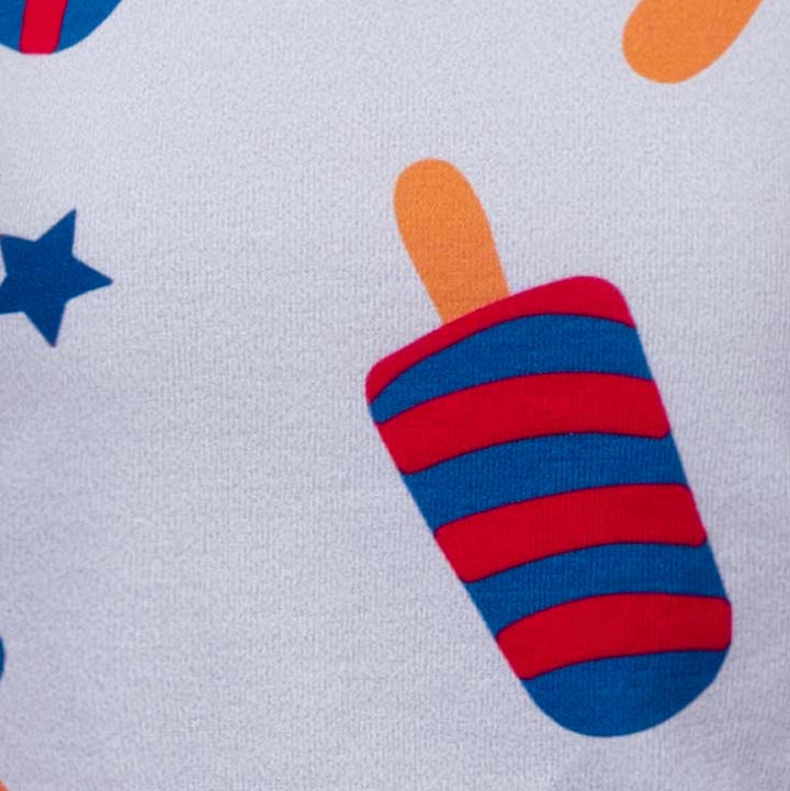 Colorful striped popsicle on a light gray background with stars and circles.