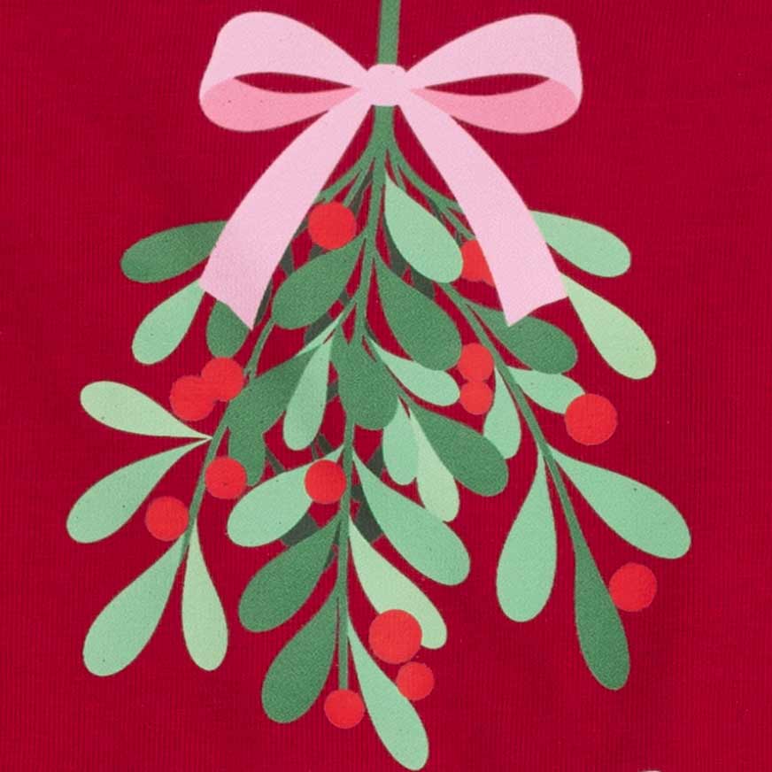Festive Christmas mistletoe design printed on a red fabric background, featuring green leaves, red berries, and a light pink bow at the top