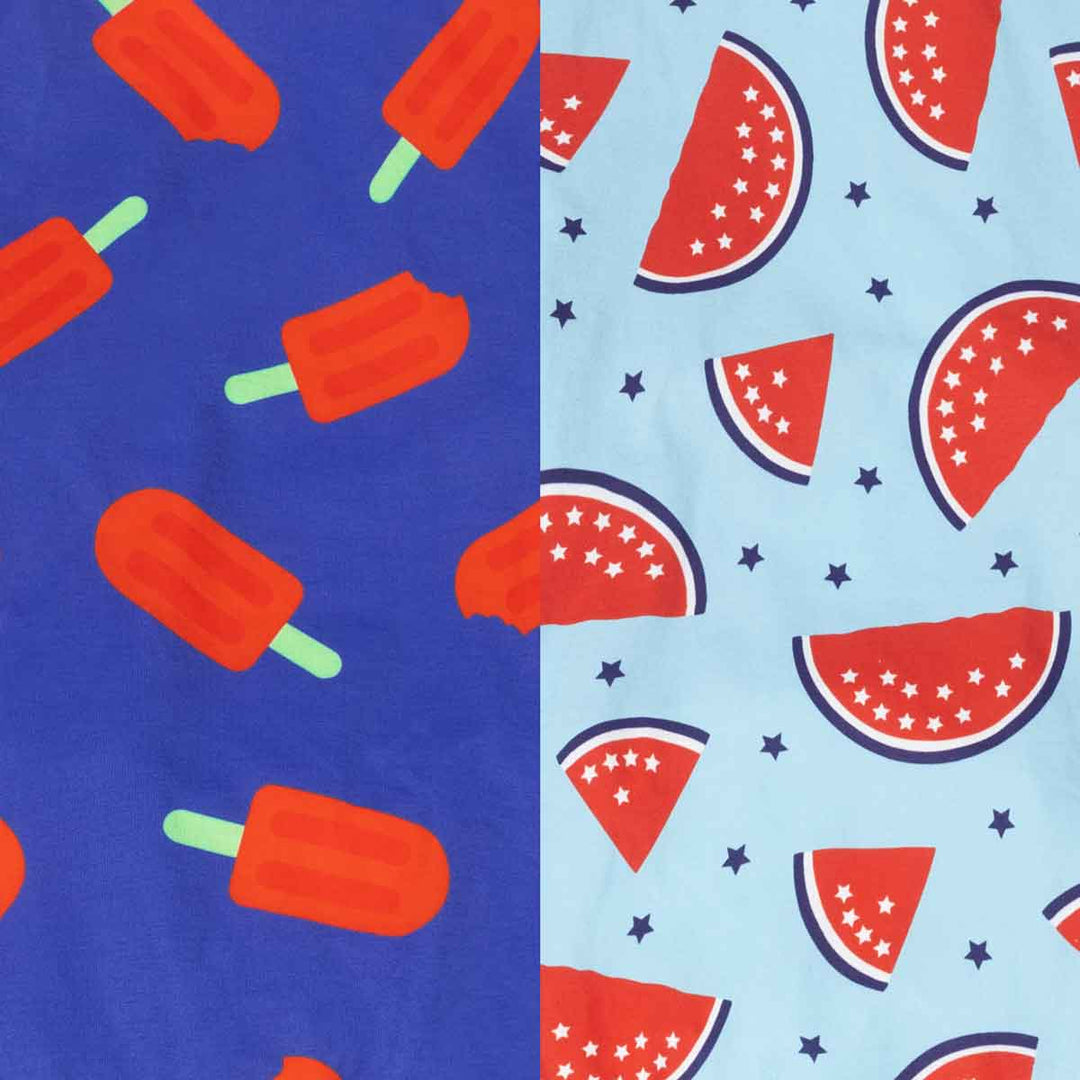 Two fabric patterns: one with red ice pop on blue and another with red watermelon slices and star on light blue