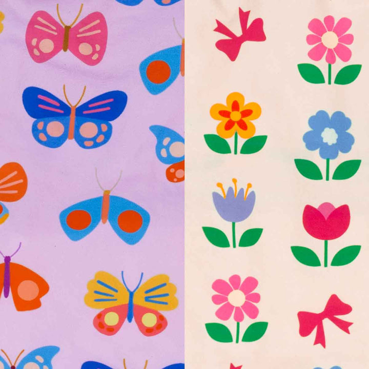 Two fabric patterns with butterflies on a purple background and flowers on a beige background