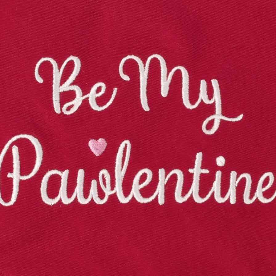 Cotton blend red dog bandanas fabric texture close up with embroidery detail.