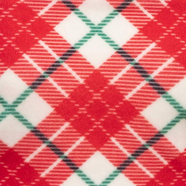 Close-up of a red, white, and green plaid fabric pattern with a soft fleece texture
