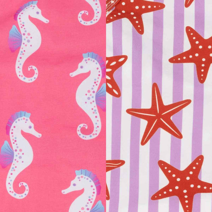Pattern of seahorses on pink and starfishes on purple stripes