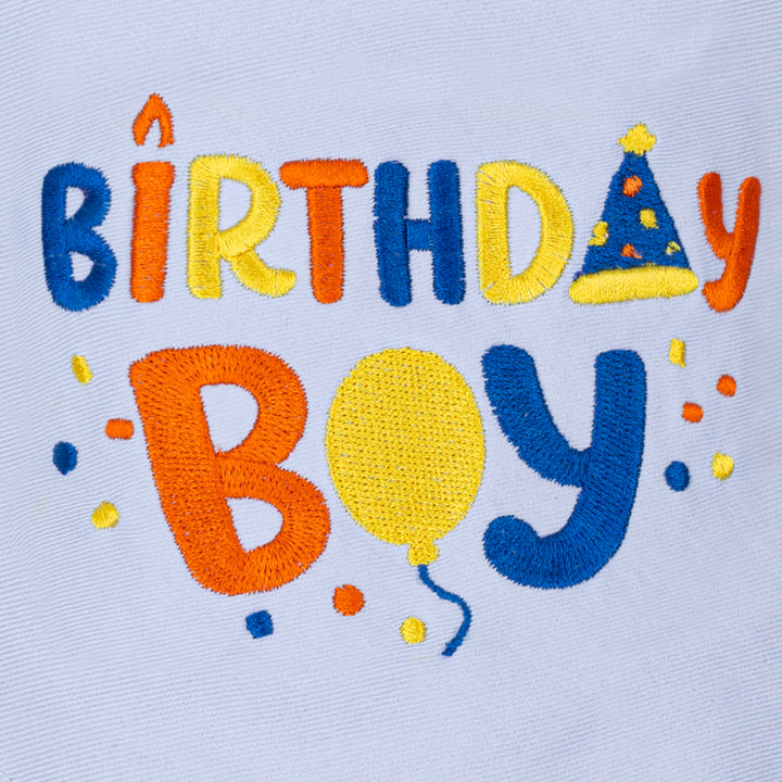 Closeup Birthday Boy lettering embroidery on dog bandanas with party hat detail