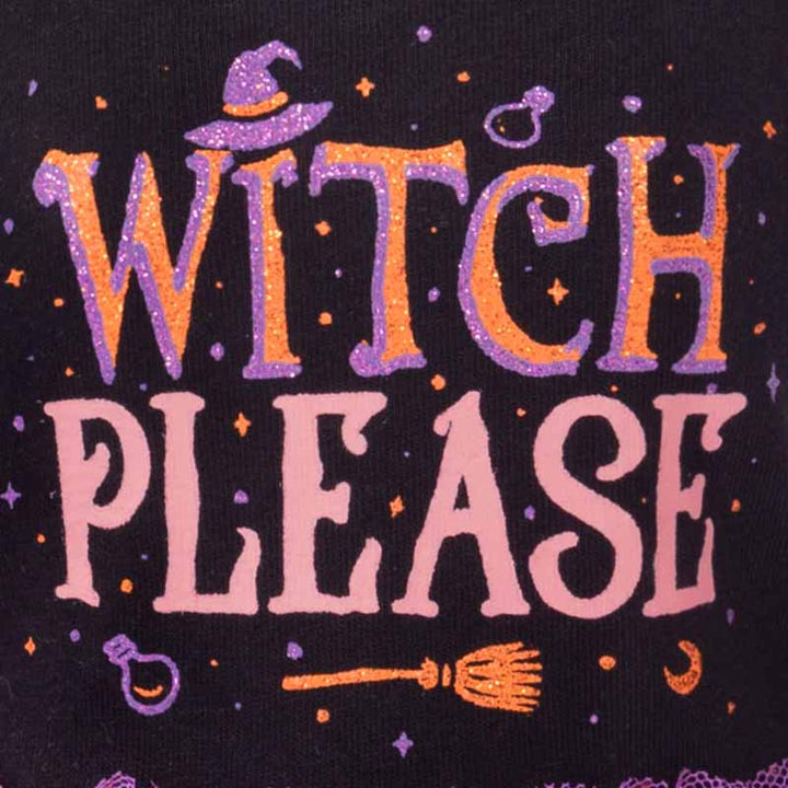 Dog tutu dress with sparkling purple and orange 'WITCH PLEASE' text, witch hat, broom, and celestial graphics.