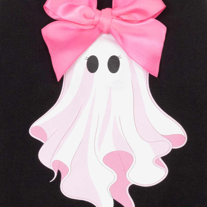 White ghost print with big bowknot, shown against a black background.
