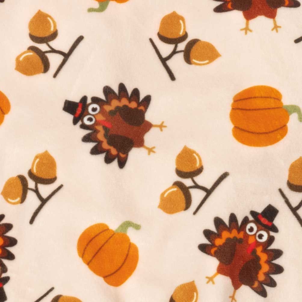 Thanksgiving dog pajama fabric with turkey, pumpkin, and acorn print