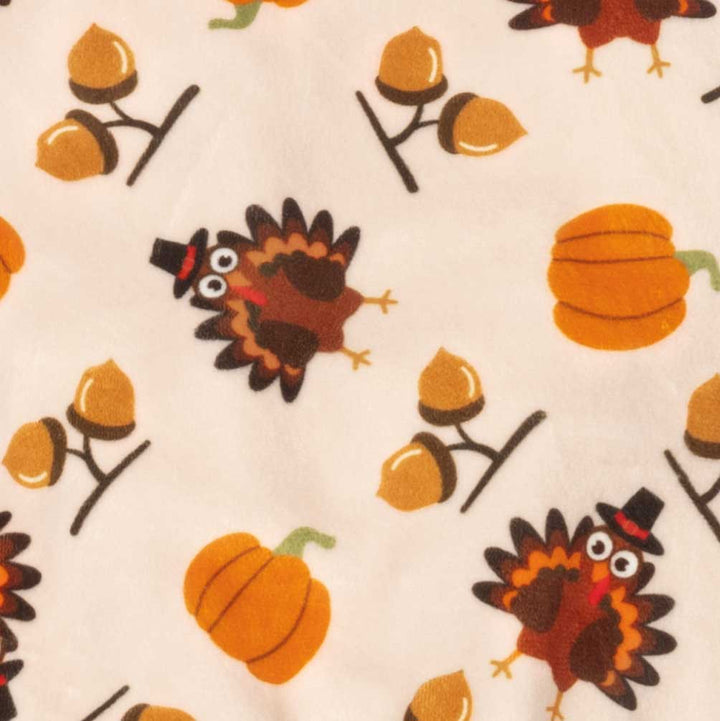 Thanksgiving dog pajama fabric with turkey, pumpkin, and acorn print