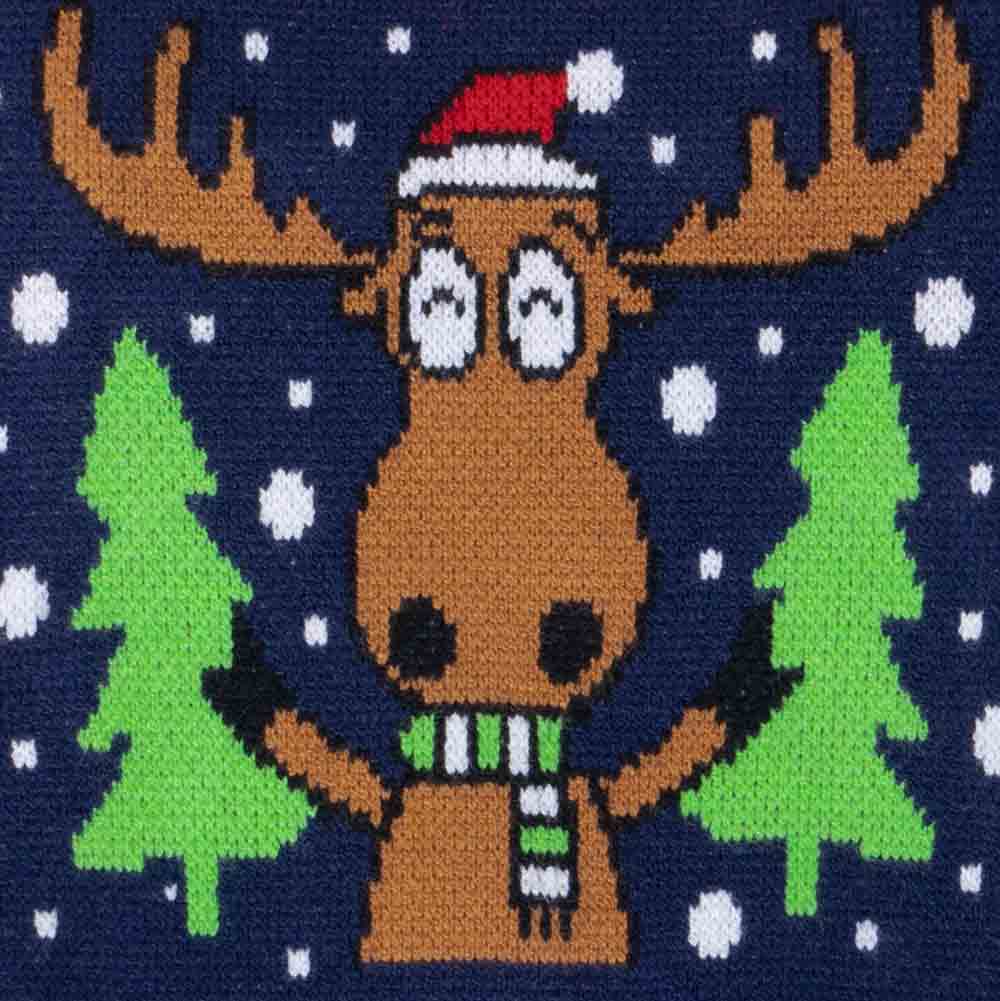 Navy dog sweater with knit graphic: moose in Santa hat, two green trees, snowflakes.
