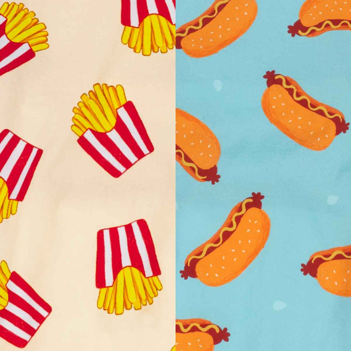 Dog shirt fabric pattern featuring hot dogs and french fries prints.