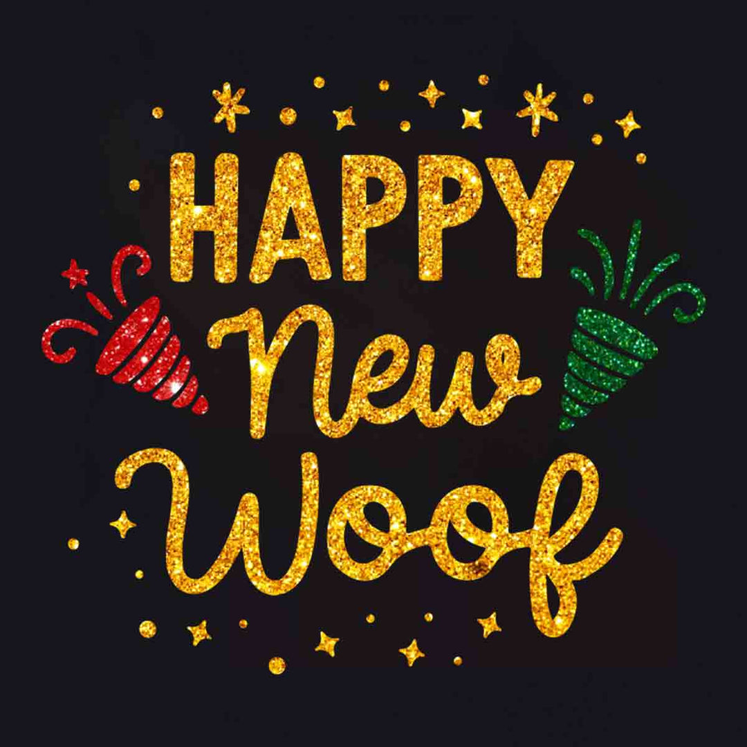 Happy New Woof graphic on black dog shirt with gold print and fireworks icons.