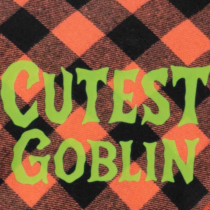 Detailed view of “Cutest Goblin” lettering on orange and black plaid dog bandanas.