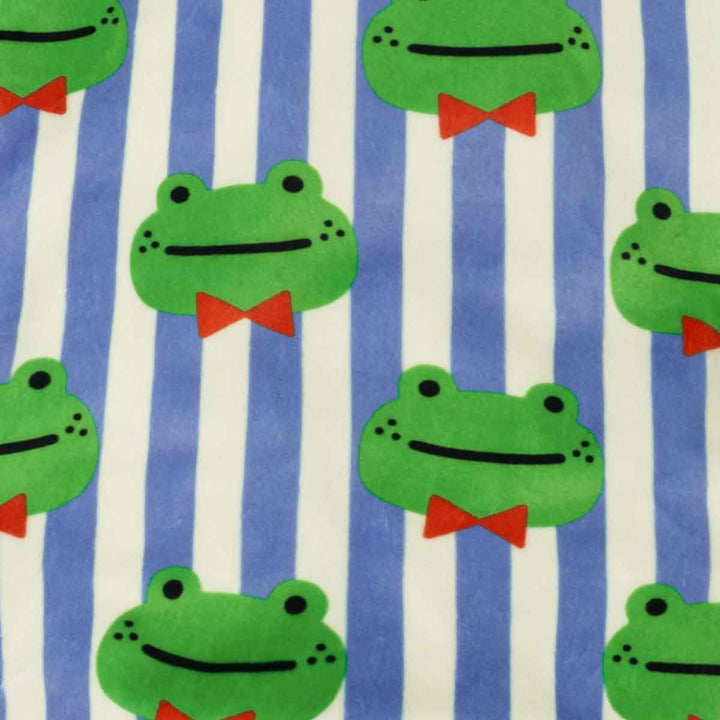 Pattern of green frogs with red bow ties on blue and white striped background