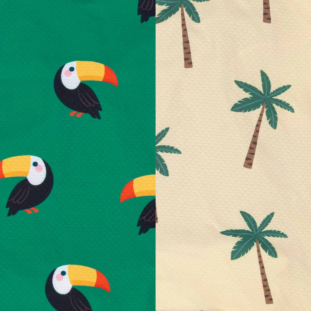 Two fabric details with toucan and palm tree patterns on green and beige backgrounds