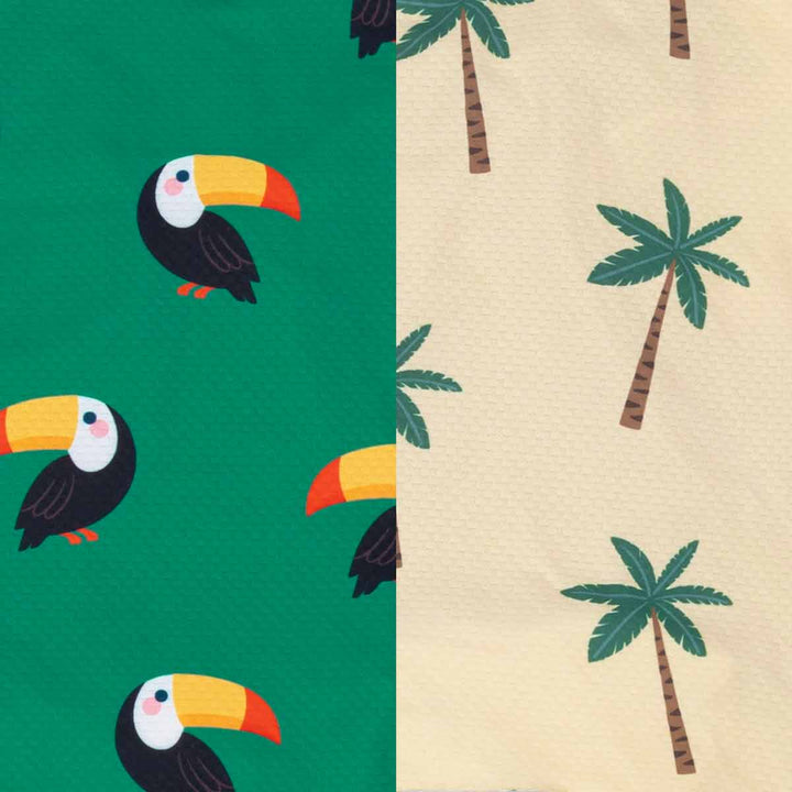Two fabric details with toucan and palm tree patterns on green and beige backgrounds