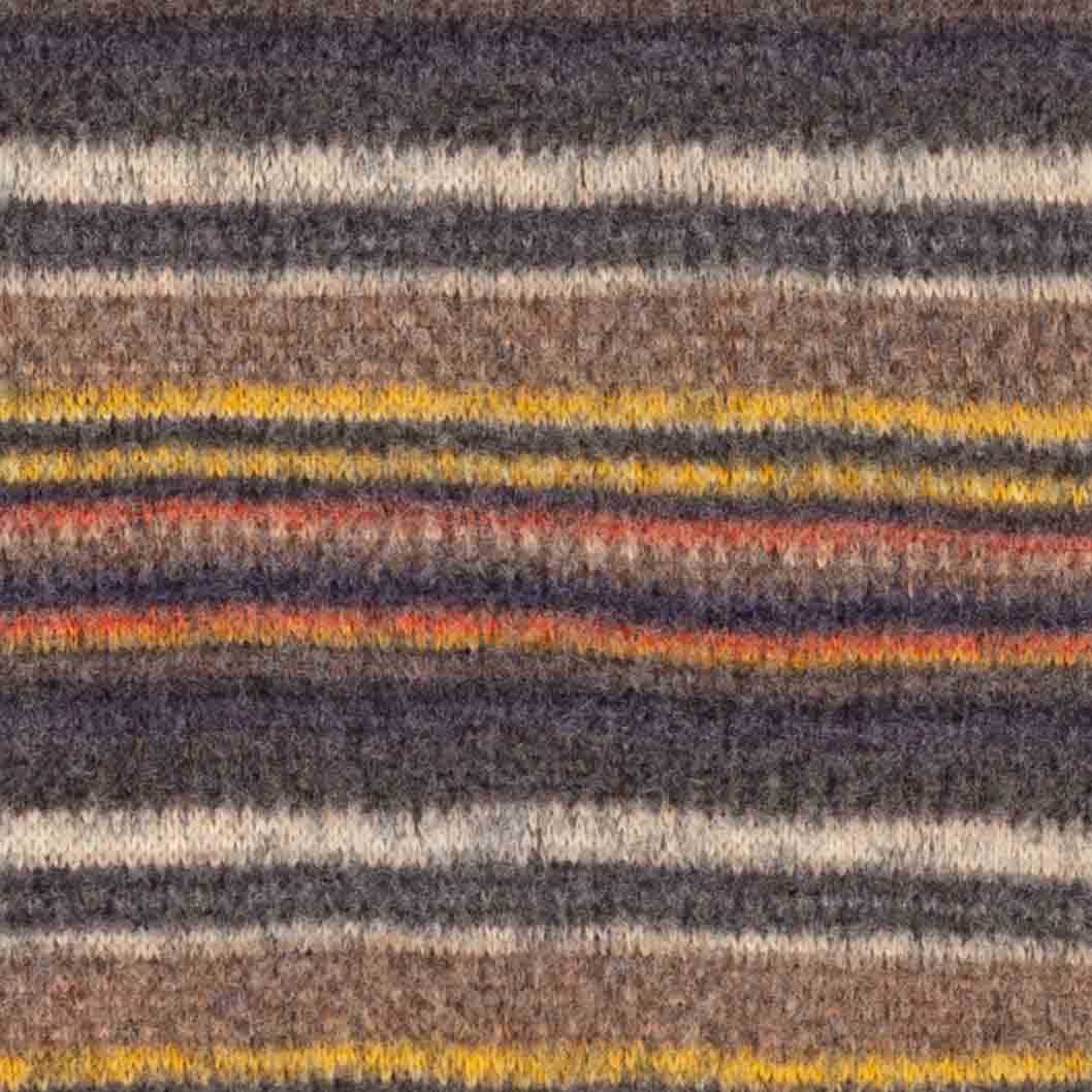 Close-up of a striped knit fabric of dog onesie with horizontal bands of charcoal gray, beige, brown, yellow, and orange-red