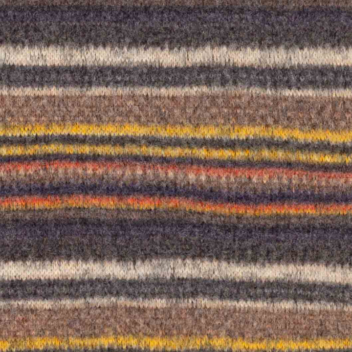 Close-up of a striped knit fabric of dog onesie with horizontal bands of charcoal gray, beige, brown, yellow, and orange-red