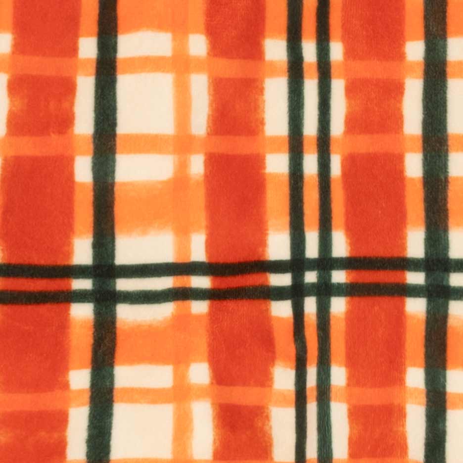 Close-up of a plaid fabric pattern with orange and red vertical stripes, white horizontal stripes, and dark green intersecting lines