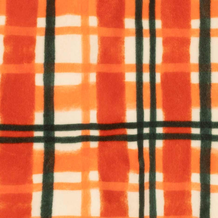 Close-up of a plaid fabric pattern with orange and red vertical stripes, white horizontal stripes, and dark green intersecting lines