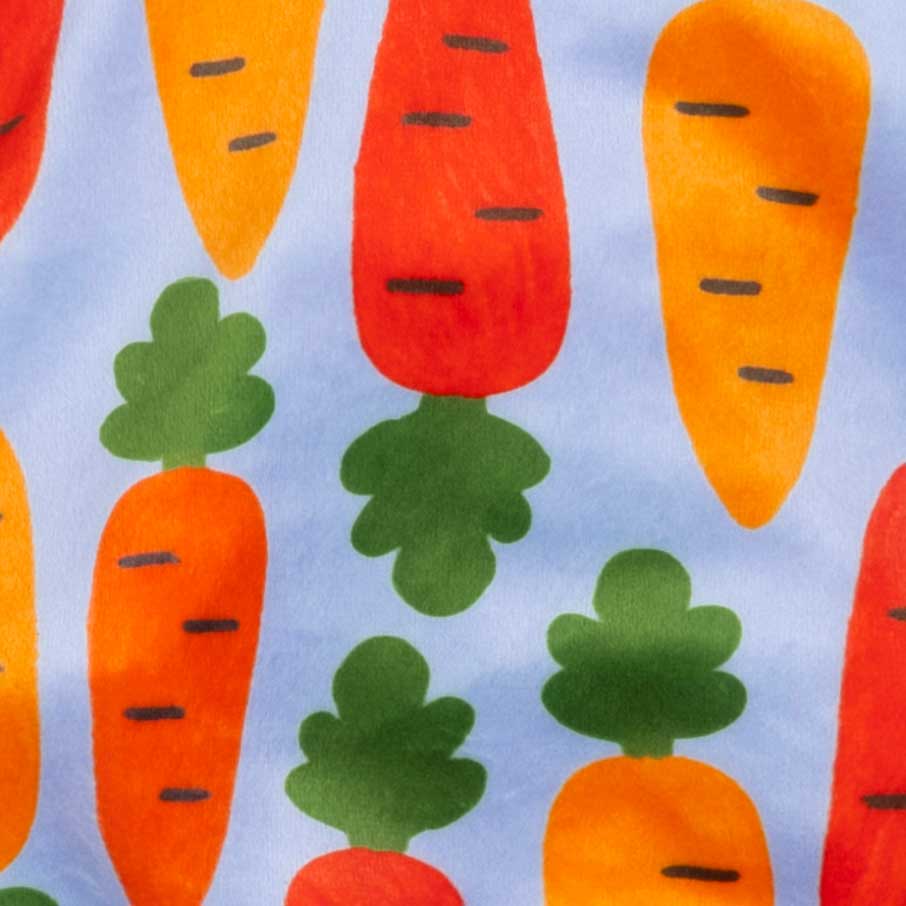 Close up of carrot and green leaf pattern on dog pajamas fabric