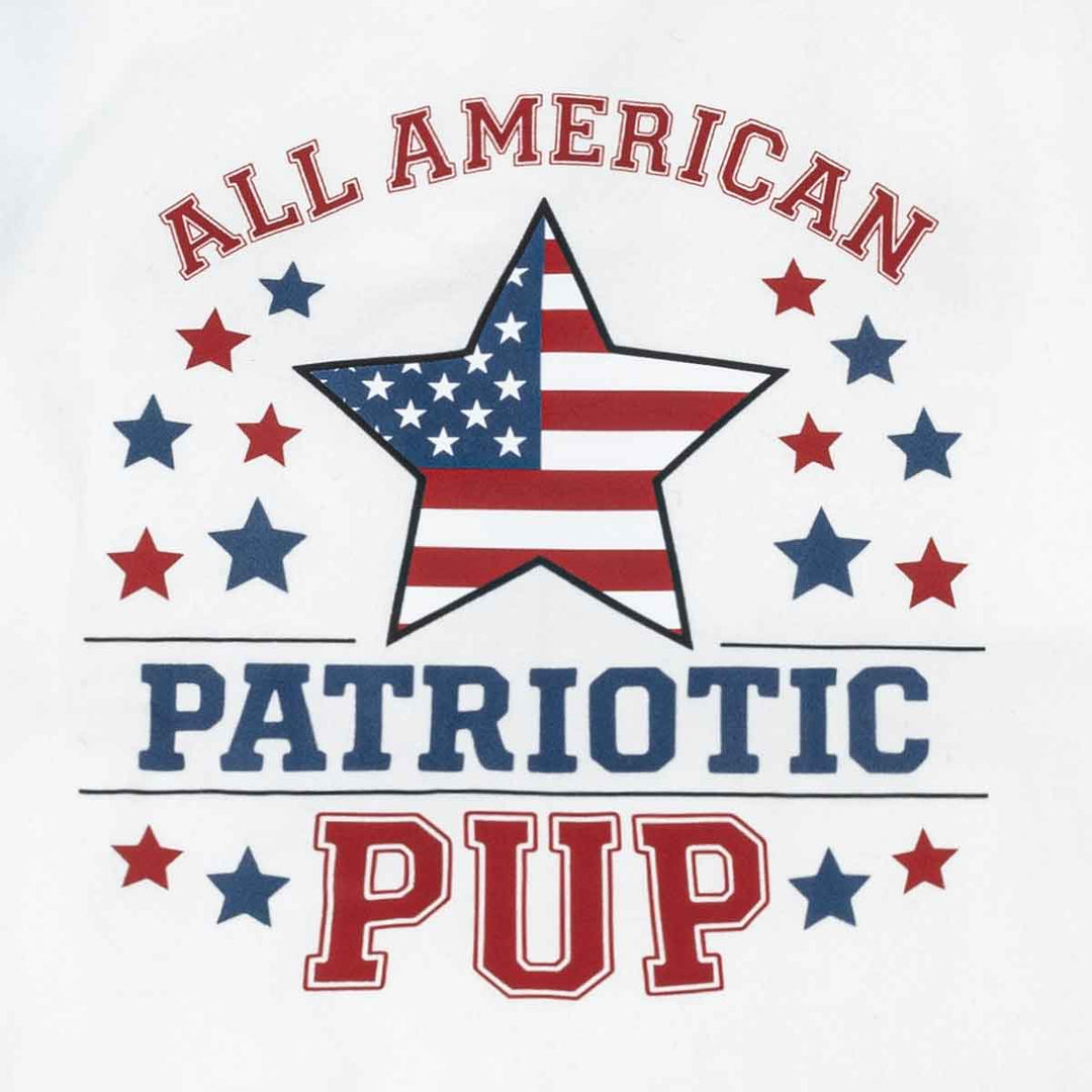 Patriotic Pup dog shirt graphic: 'All American Patriotic Pup', flag star, red & blue stars.