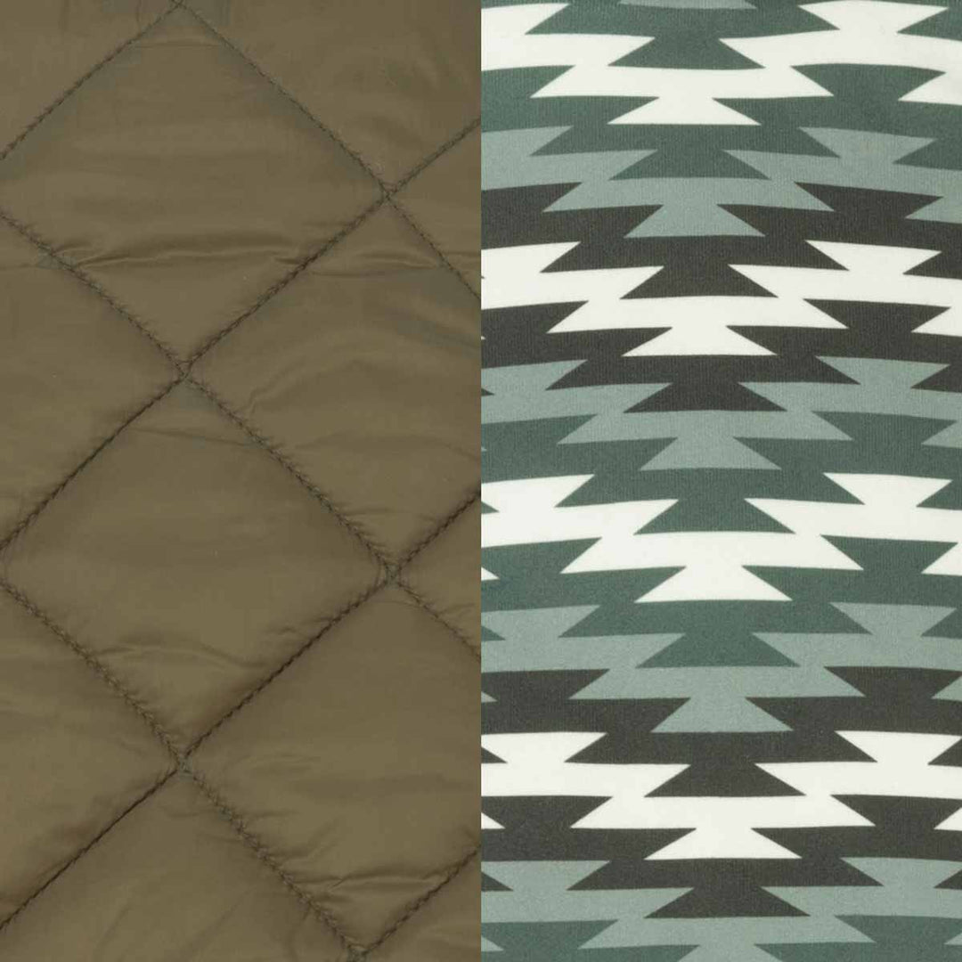 Close-up fabric swatch split into two sections: the left shows an olive brown quilted texture and the right shows a repeating geometric pattern