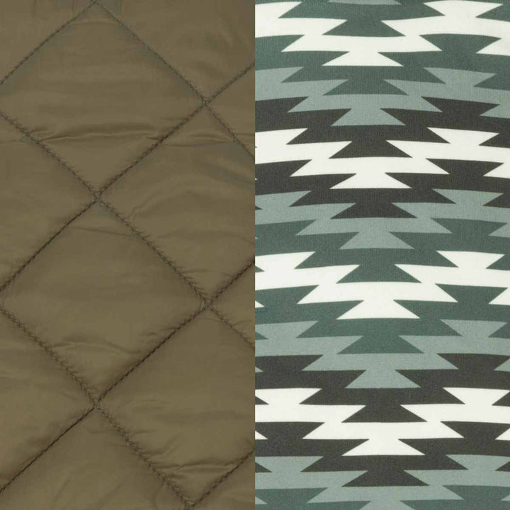 Close-up fabric swatch split into two sections: the left shows an olive brown quilted texture and the right shows a repeating geometric pattern