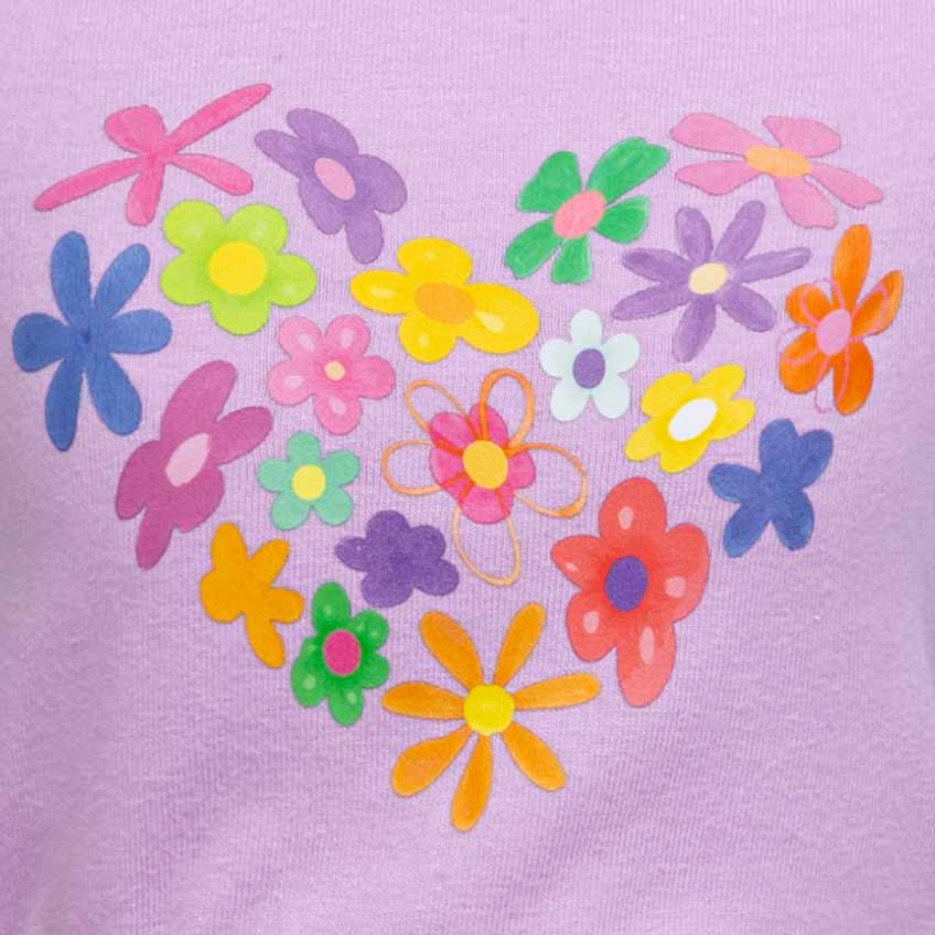 Close-up of floral heart print on purple dog dress with colorful flower details.