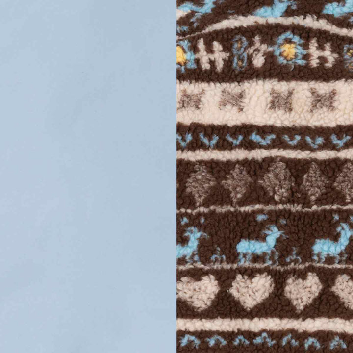 Close-up of a patterned knit fabric with horizontal bands in brown, cream, light blue, and small yellow accents, alongside a solid light blue section on the left