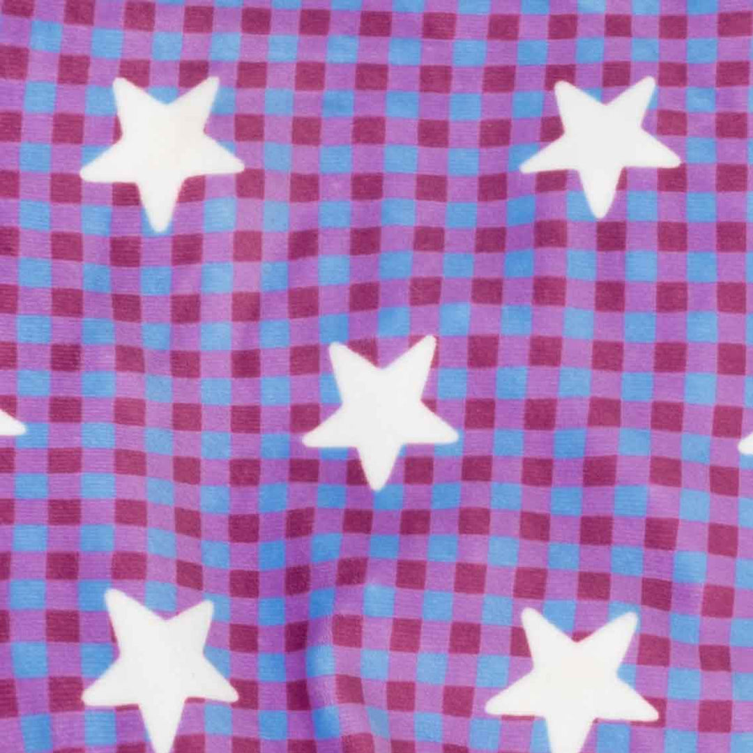 Close-up of a fabric pattern featuring white five-pointed stars over a purple and light blue gingham check background.