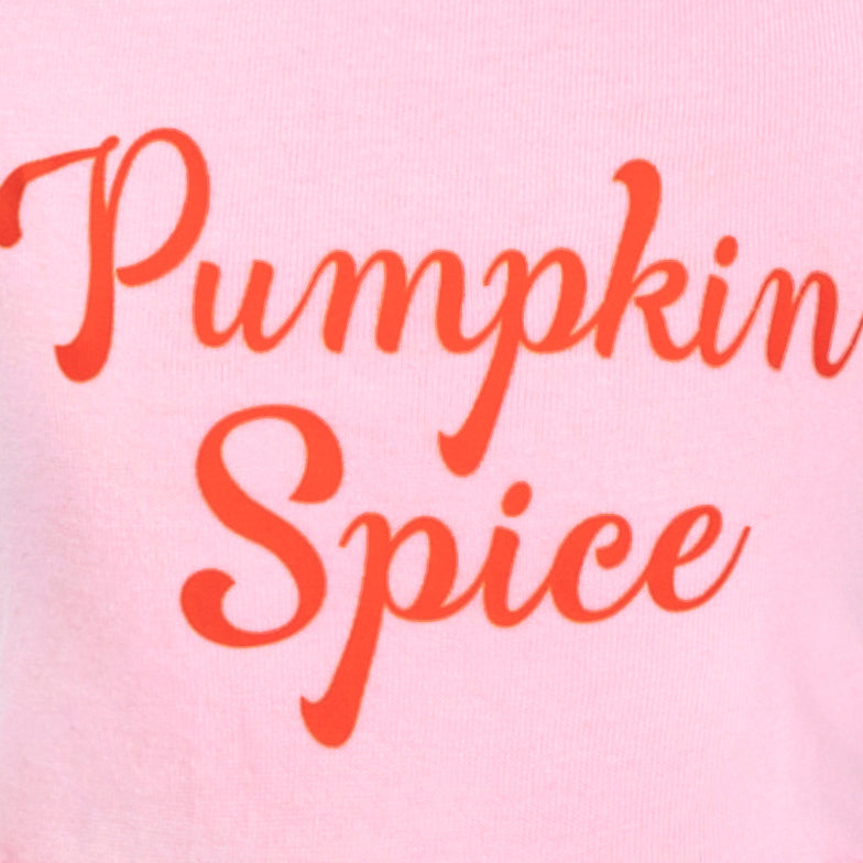 Close-up of pink dog dress with "Pumpkin Spice" text in orange cursive font.