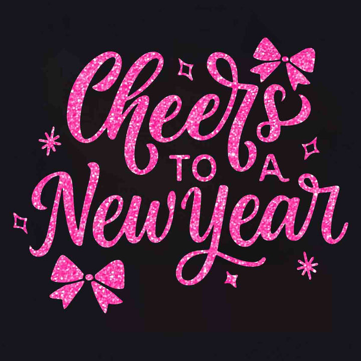 Pink “Cheers to a New Year” graphic design printed on black dog shirt fabric.