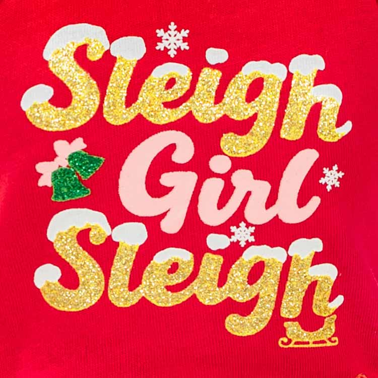 Detailed view of “Sleigh Girl Sleigh” glitter lettering on red Christmas dog dress.