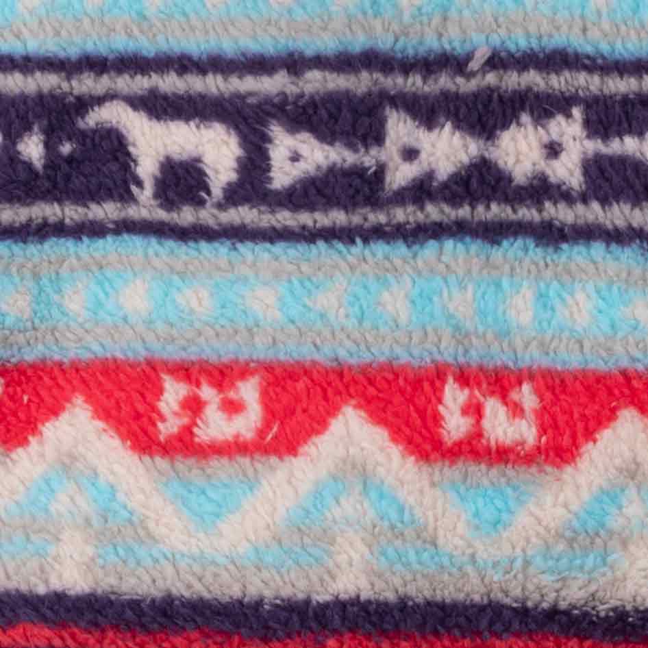 Close-up pattern detail of a dog hoodie featuring multicolor tribal stripes with animal motifs on fleece fabric.