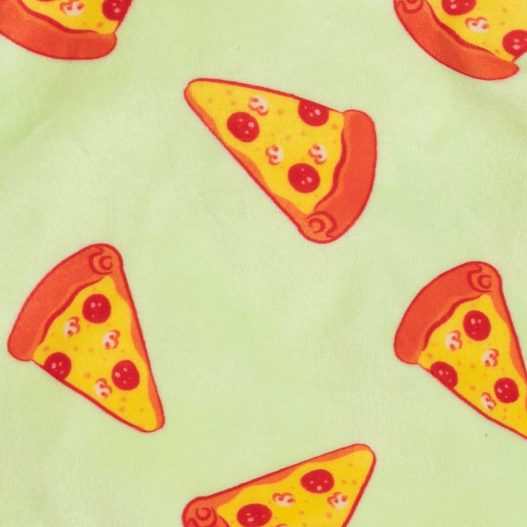 Pizza slice pattern on mint dog pajamas fabric, lightweight velvet texture.