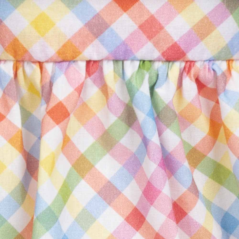 Close-up of colorful checkered dog dress fabric with a pattern of red, yellow, green, blue, and pink.