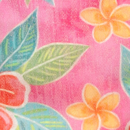 Close-up of tropical floral fabric with flowers and leaves on a pink background