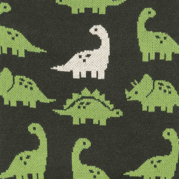Close-up of a knitted fabric with a repeating dinosaur pattern on a dark charcoal background