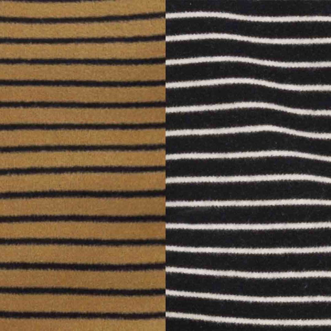 Fabric comparison of striped dog pajamas showing tan-black and black-white color variations.