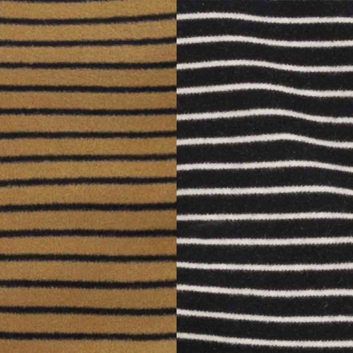 Fabric comparison of striped dog pajamas showing tan-black and black-white color variations.