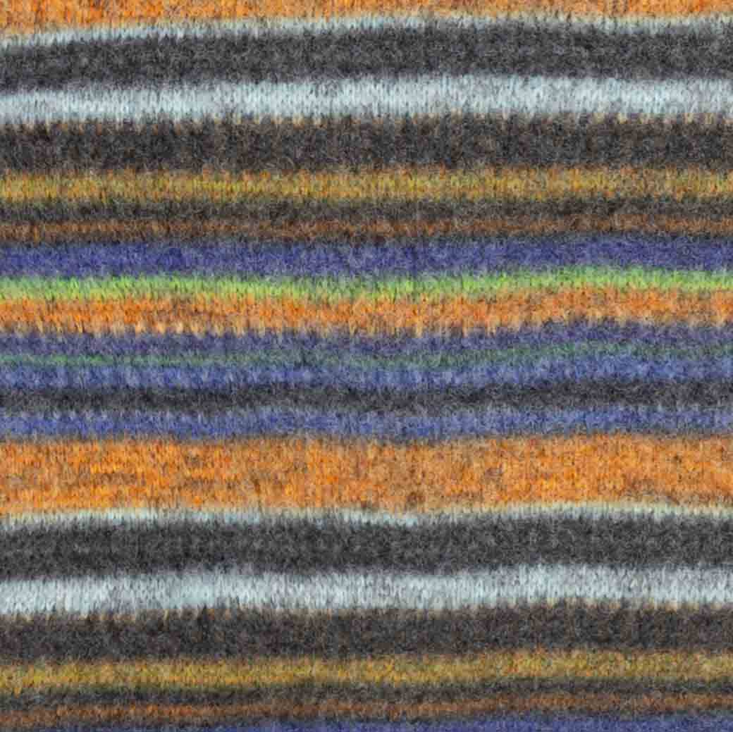 Close-up of a textured knit fabric with horizontal stripes in orange, blue, gray, white, and green