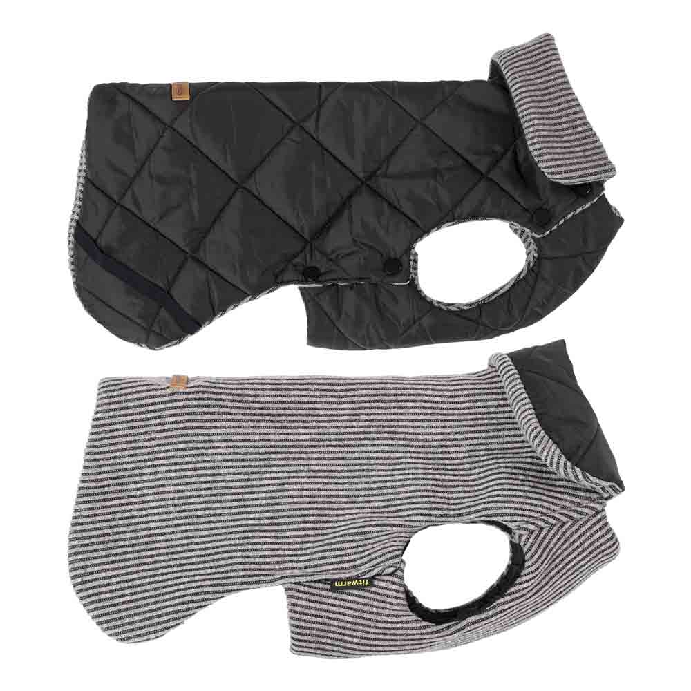 Reversible dog coat side view with quilted black design on one side and gray striped knit on the other.