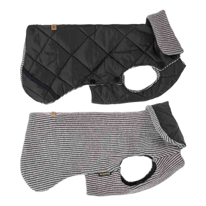 Reversible dog coat side view with quilted black design on one side and gray striped knit on the other.