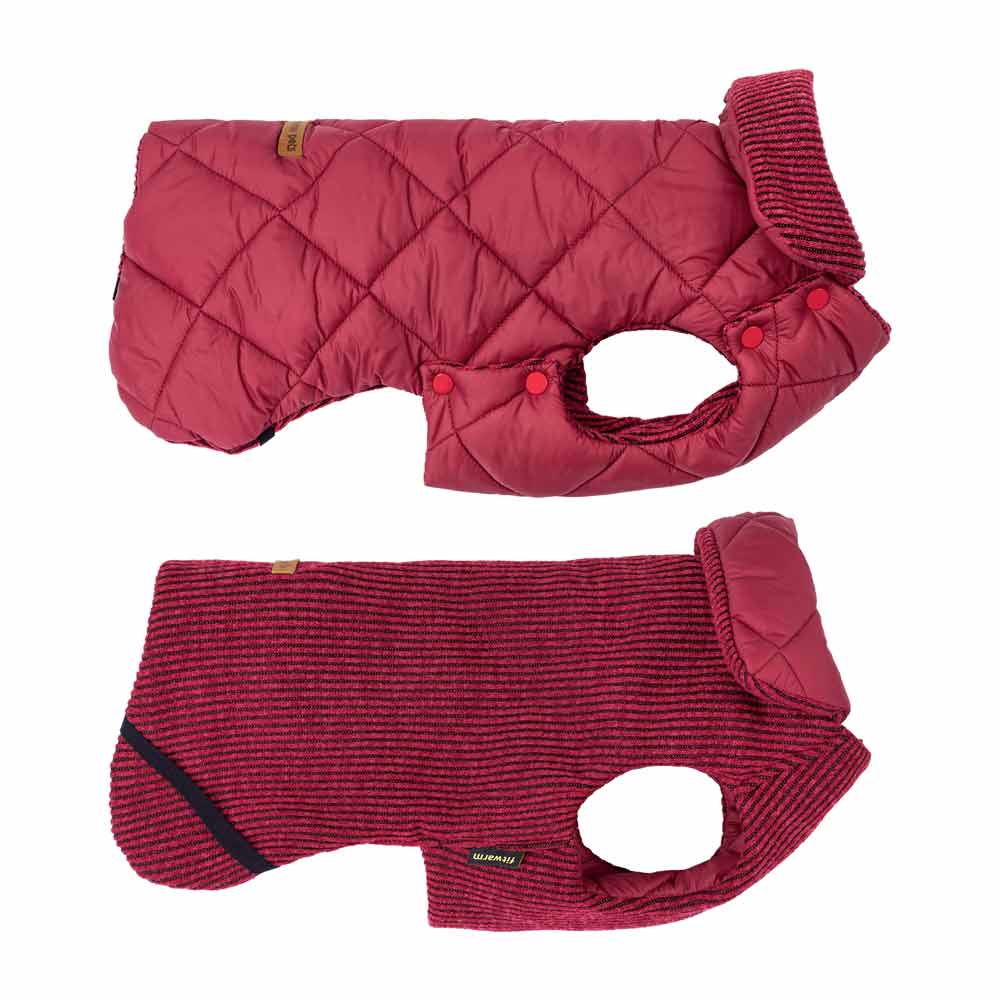 Reversible berry dog coat: quilted side with buttons, striped knit side with collar, leash opening on both.