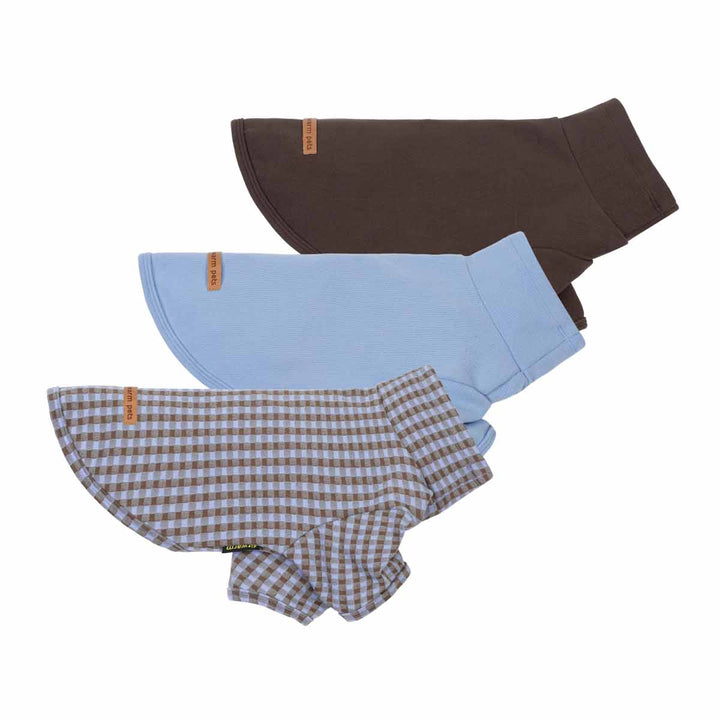 Three dog fleece sweaters in different colors and patterns are displayed on a clean white background including a dark brown solid-color, light blue solid-color and a brown and white gingham pattern