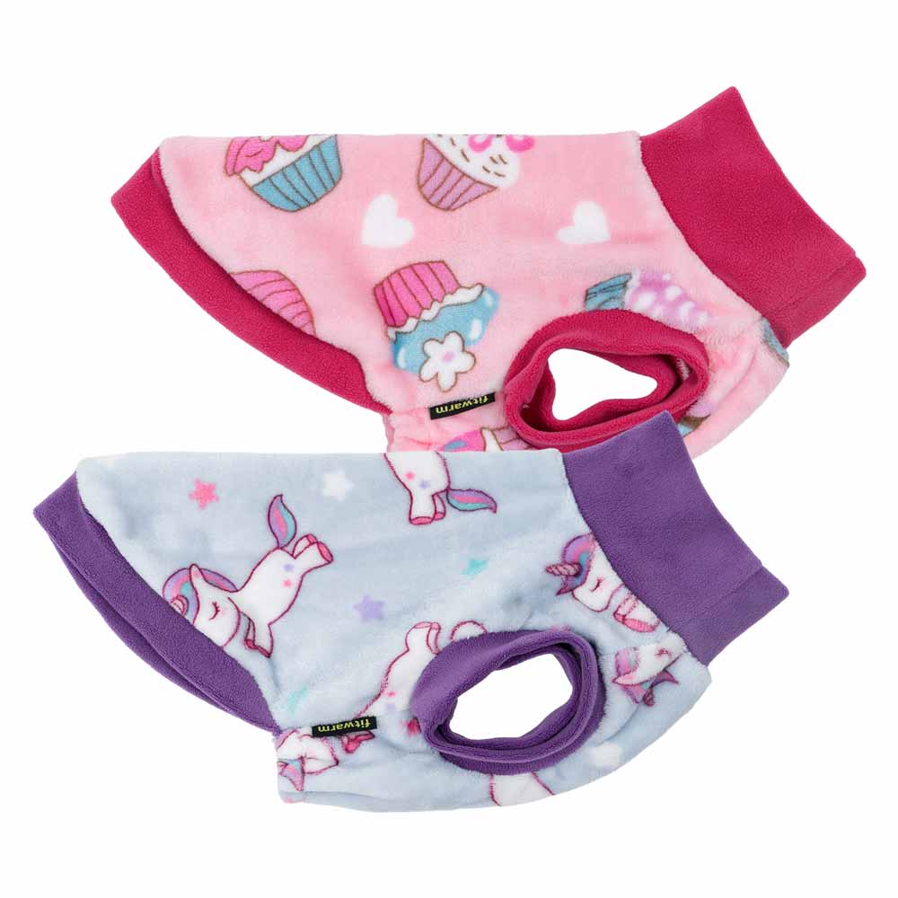 Two fleece dog sweaters, pink with cupcakes and hearts, light blue with unicorns and stars. For product showcase.