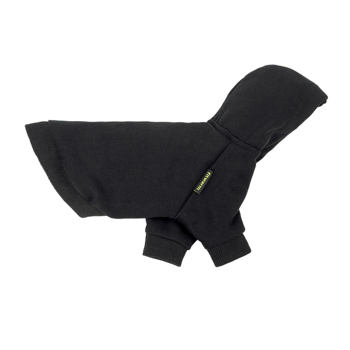Side view of black dog hoodie highlighting hood and ribbed cuffs for dogs