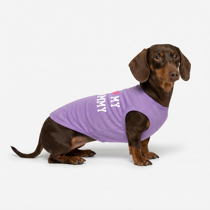 Dachshund in a purple dog tee with sweet 'I love my mommy' lettering